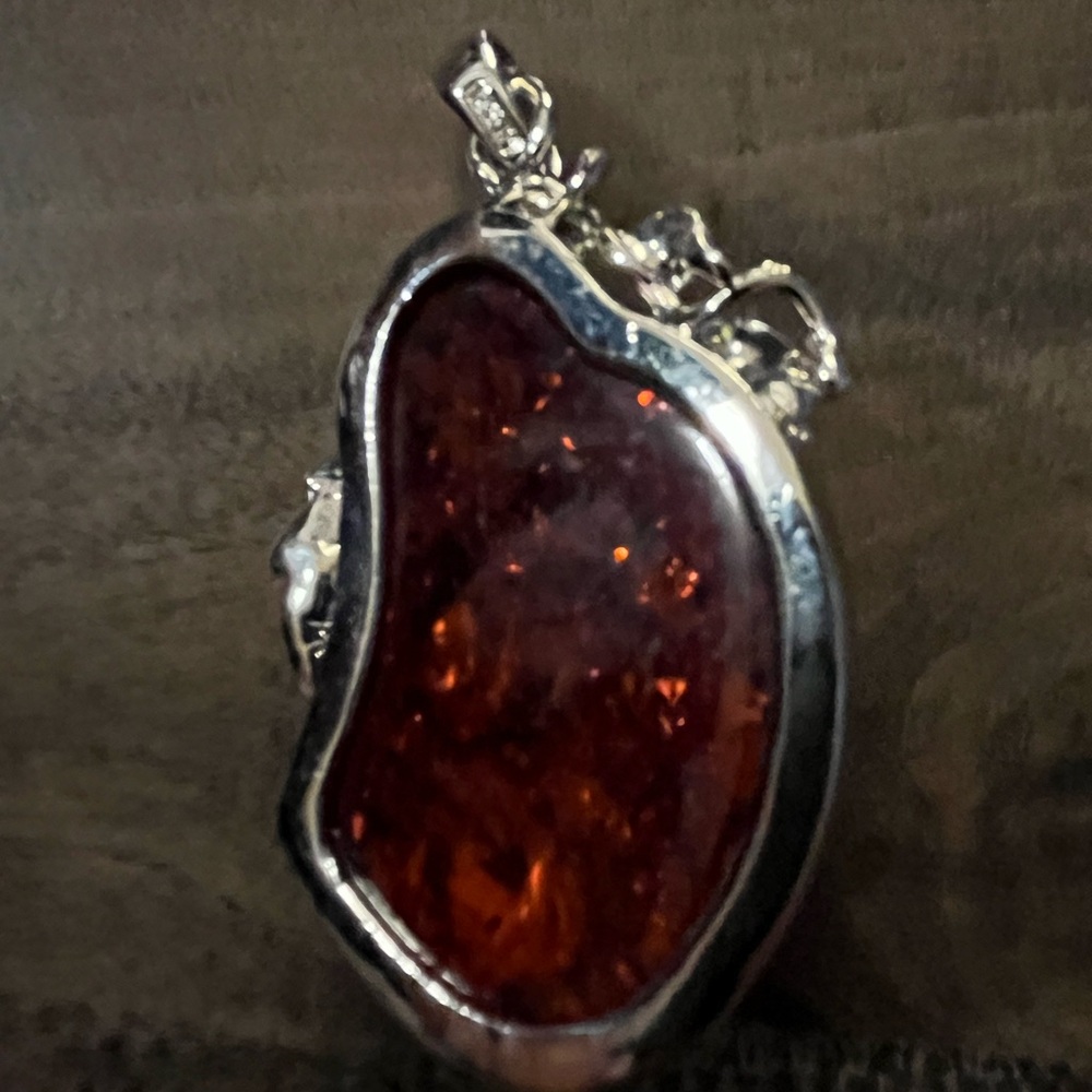 Amber Teardrop Pendant Necklace - Rich Cognac Amber - Picture 3 of 3
